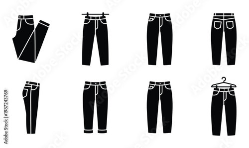 Collection of black icons for jeans and trousers in various styles