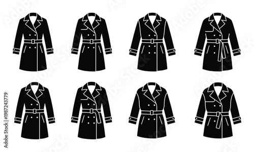 Collection of black trench coats with belts and buttons isolated on checkered background