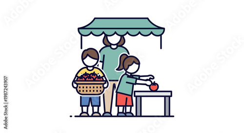 Family at fruit market stand.