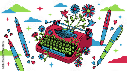 Floating Antique Typewriter Creating Birds And Flowers In The Air, Pop Surrealism Flat Illustration With Bold Outlines
