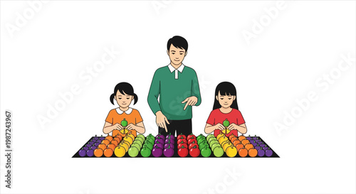 Family sorting colorful fruit.