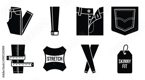 Denim garment details icons featuring skinny fit labels stretch fabric and measurement tools for pants