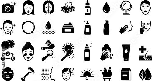 Beauty and skincare line icons set – outline style personal care, cosmetics, and wellness symbols for self-care routines: camera, face, cleanser, makeup, mirror, tissues