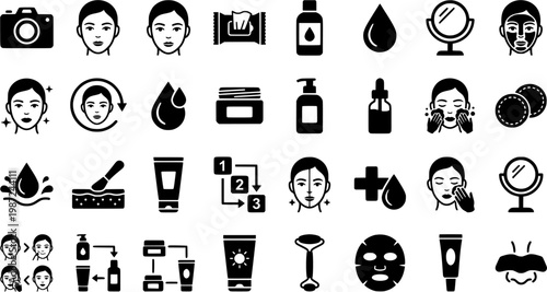 Beauty and skincare line icons set – outline style personal care, cosmetics, and wellness symbols for self-care routines: camera, face, cleanser, makeup, mirror, tissues