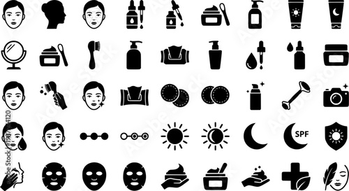 Beauty and skincare line icons set – outline style personal care, cosmetics, and wellness symbols for self-care routines: camera, face, cleanser, makeup, mirror, tissues