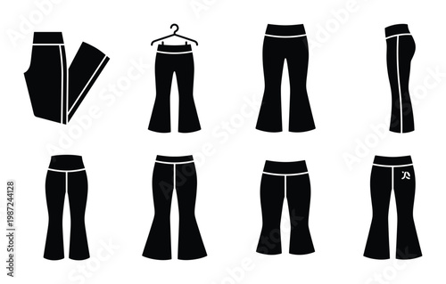 Flared trousers and yoga pants icons collection featuring different fits and display arrangements