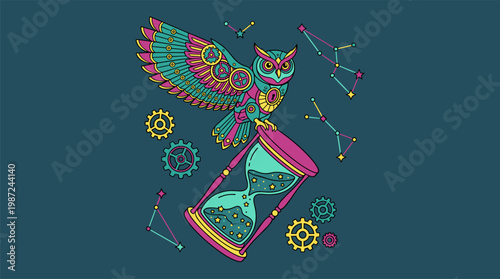 Mechanical Owl On Floating Hourglass Pop Surrealism Flat Illustration With Bold Outlines