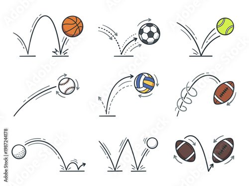 Sport ball trajectory icons: 9 hand-drawn doodle sketches of kinetic motion, bounce paths, and flight trails