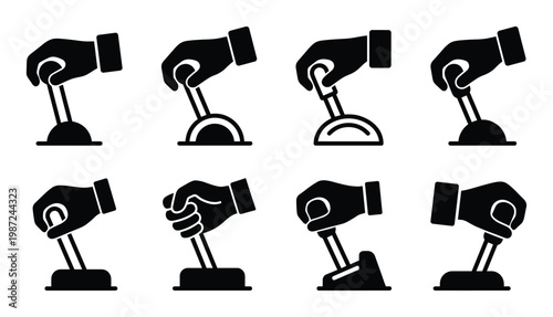 Gear shift icons isolated on transparent background, hand shifting gears, car transmission vector graphics