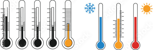 Thermometer Set Showing Temperature Levels from Cold to Hot with Weather Icons Representing Climate Measurement and Seasonal Changes in Vector Illustration