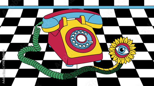 Vintage Rotary Telephone Sunflower Receiver and Snake Cord Pop Surrealism Flat Illustration with Bold Outlines