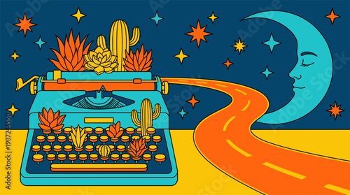 Vintage Typewriter Growing Succulent Plants with Moon Road Pop Surrealism Flat Illustration with Bold Outlines