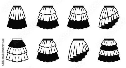 Layered ruffle skirt icon set. women's fashion skirts collection. clothing design vector illustration