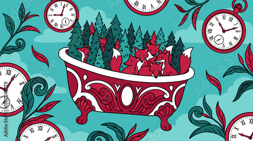 Floating Bathtub Forest with Foxes and Pocket Watches Pop Surrealism Flat Illustration with Bold Outlines and Vibrant Saturated Colors