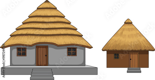 Traditional Thatched Houses with Layered Roof Design Representing Rural Architecture, Indigenous Housing, and Village Lifestyle in Detailed Vector Illustration