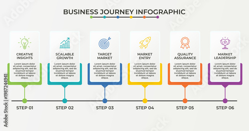 Sequential Business Journey Infographic Diagram with Six Colorful Vertical Steps and Market Leadership Milestone Roadmap