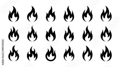 A collection of black and white flame icons is displayed showcasing various shapes and sizes of fire elements in a grid pattern high quality professional detailed