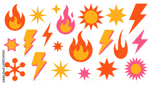 A vibrant collection of cartoonish icons depicts flames stars and lightning bolts in shades of orange yellow and pink high quality professional detailed modern elegant stylish