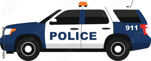 Police Patrol Car with Emergency Light and 911 Marking Representing Law Enforcement, Public Safety, and Urban Security Vehicle in Flat Vector Illustration
