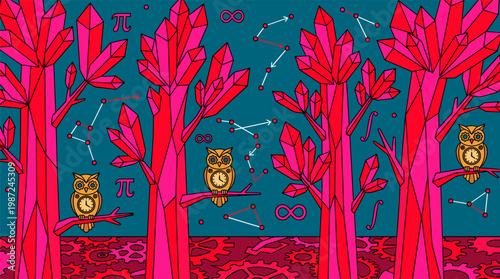 Mechanical Celestial Forest With Clockwork Owls Pop Surrealism Flat Illustration With Bold Outlines