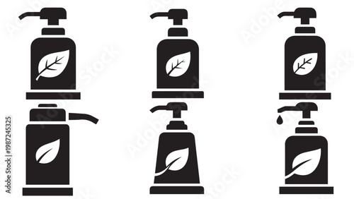 Set Of Eco Friendly Hand Soap Dispenser Icons With Leaf Symbol