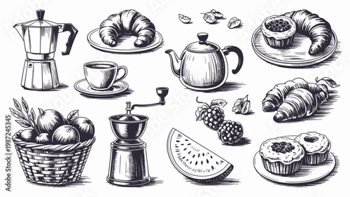 A vintage style illustration showcases a breakfast arrangement featuring coffee pots croissants fruit and pastries in monochrome high quality professional detailed modern elegant stylish clean crisp