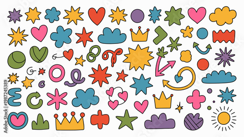 A colorful collection of hand drawn doodles features stars hearts crowns clouds and various abstract shapes scattered across a white background high quality professional detailed modern