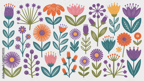 A colorful and whimsical illustration showcases a diverse collection of stylized flowers and botanical elements arranged on a white background high quality professional detailed modern elegant