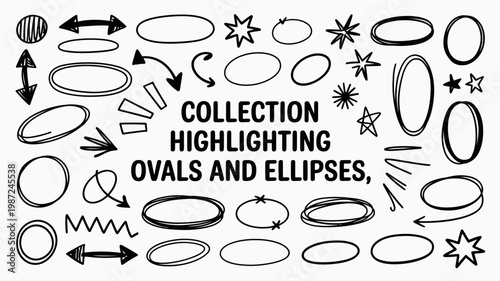 A collection of hand drawn black and white doodles featuring ovals ellipses arrows stars and other highlighting elements on a white background high quality professional detailed