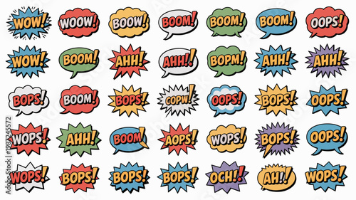A colorful arrangement of various comic book style speech bubbles displaying onomatopoeic words like wow boom oops and ahh high quality professional detailed modern elegant stylish