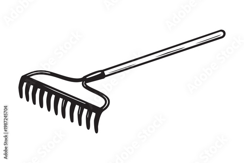 Garden rake with extended handle and tines. Tool for clearing leaves mulch and yard maintenance tasks. Equipment designed for raking leaves and mulch during seasonal garden and landscaping work