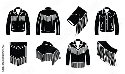 Leather fringe jacket icon set containing western style cowboy apparel with decorative tassel detail