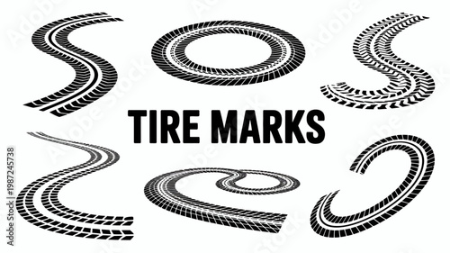 A graphic displays various tire track patterns and shapes against a white background accompanied by the text tire marks below high quality professional detailed modern elegant