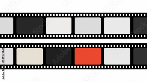 A horizontal strip of film showcases alternating dark and light frames with a single red frame interrupting the sequence high quality professional detailed modern elegant stylish