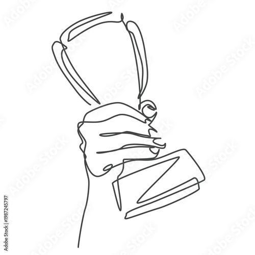 Hand holding a trophy one line drawing. Hand holding a trophy single line illustration. Hand holding a trophy minimalist line art