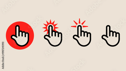 A series of four hand icons depict different stages of interaction from a simple point to a more emphasized clicking action high quality professional detailed modern