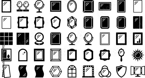 Bathroom Mirror Icons. adding a new mirror in the bathroom. Line icon set of adding a new mirror in the bathroom: mirror with shelf, double mirror, pivot