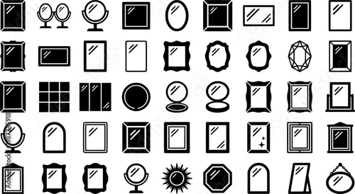 Bathroom Mirror Icons. adding a new mirror in the bathroom. Line icon set of adding a new mirror in the bathroom: mirror with shelf, double mirror, pivot