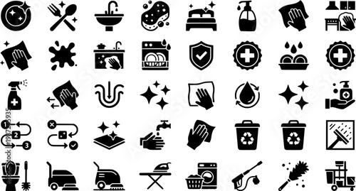 Clean Kitchen Icons. Clean kitchen icons. Solid icon set of Clean kitchen icons: sparkling plate, clean utensils, disinfected sink, fresh sponge, dish rack