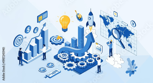 Isometric Business Strategy and Growth Illustration with Gears and Charts.