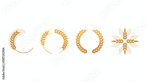 A collection of golden wheat wreaths and sprigs are arranged against a stark white background showcasing various artistic styles high quality professional detailed modern elegant stylish