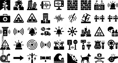 Earthquake Icon Set. Earthquakes. Line icon set of Earthquakes: cracked ground, shaking house, collapsed building, Richter scale, seismograph, tectonic plates,
