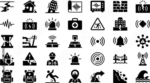 Earthquake Icon Set. Earthquakes. Line icon set of Earthquakes: cracked ground, shaking house, collapsed building, Richter scale, seismograph, tectonic plates,