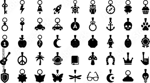 Felt Keychain Icons. Outline icon set of felt keychains and charms: keyring, heart, star, flower, animal, car,
