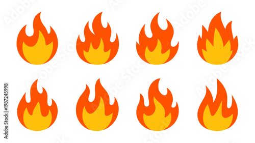 A collection of eight cartoon style flames in varying shapes and sizes rendered in bright shades of orange and yellow high quality professional detailed modern elegant