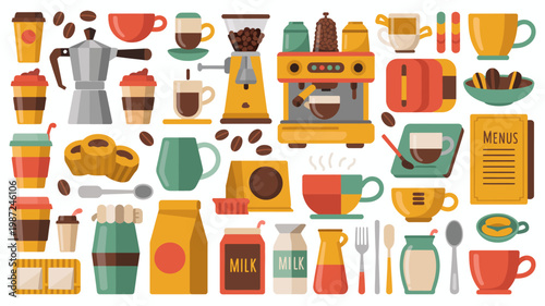 A colorful flat lay illustration showcases a variety of coffee related items including cups pots beans and accessories high quality professional detailed modern elegant stylish clean