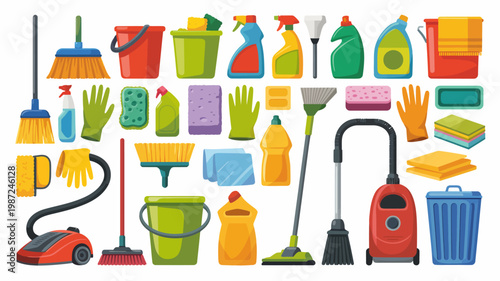 A colorful collection of cleaning supplies and tools is displayed including mops brushes spray bottles gloves and cloths high quality professional detailed modern elegant stylish clean