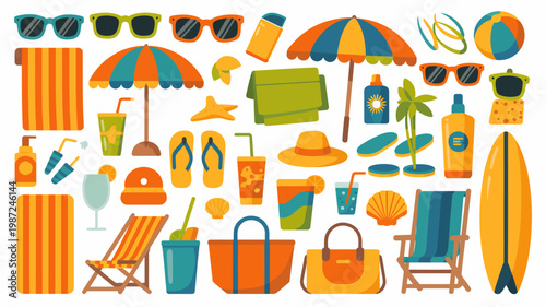 A colorful collection of summer essentials is displayed including sunglasses beach chairs umbrellas and various beach accessories high quality professional detailed modern elegant stylish clean crisp