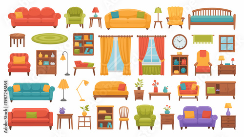 A colorful collection of various furniture items and home decor elements are displayed against a clean white background high quality professional detailed modern elegant stylish crisp