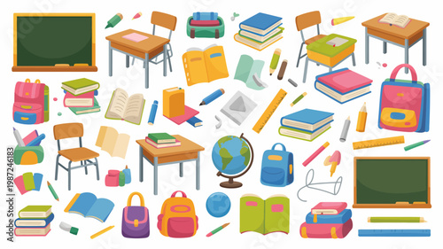 A colorful arrangement of school supplies and classroom furniture is displayed featuring books backpacks desks and a chalkboard high quality professional detailed modern elegant stylish clean